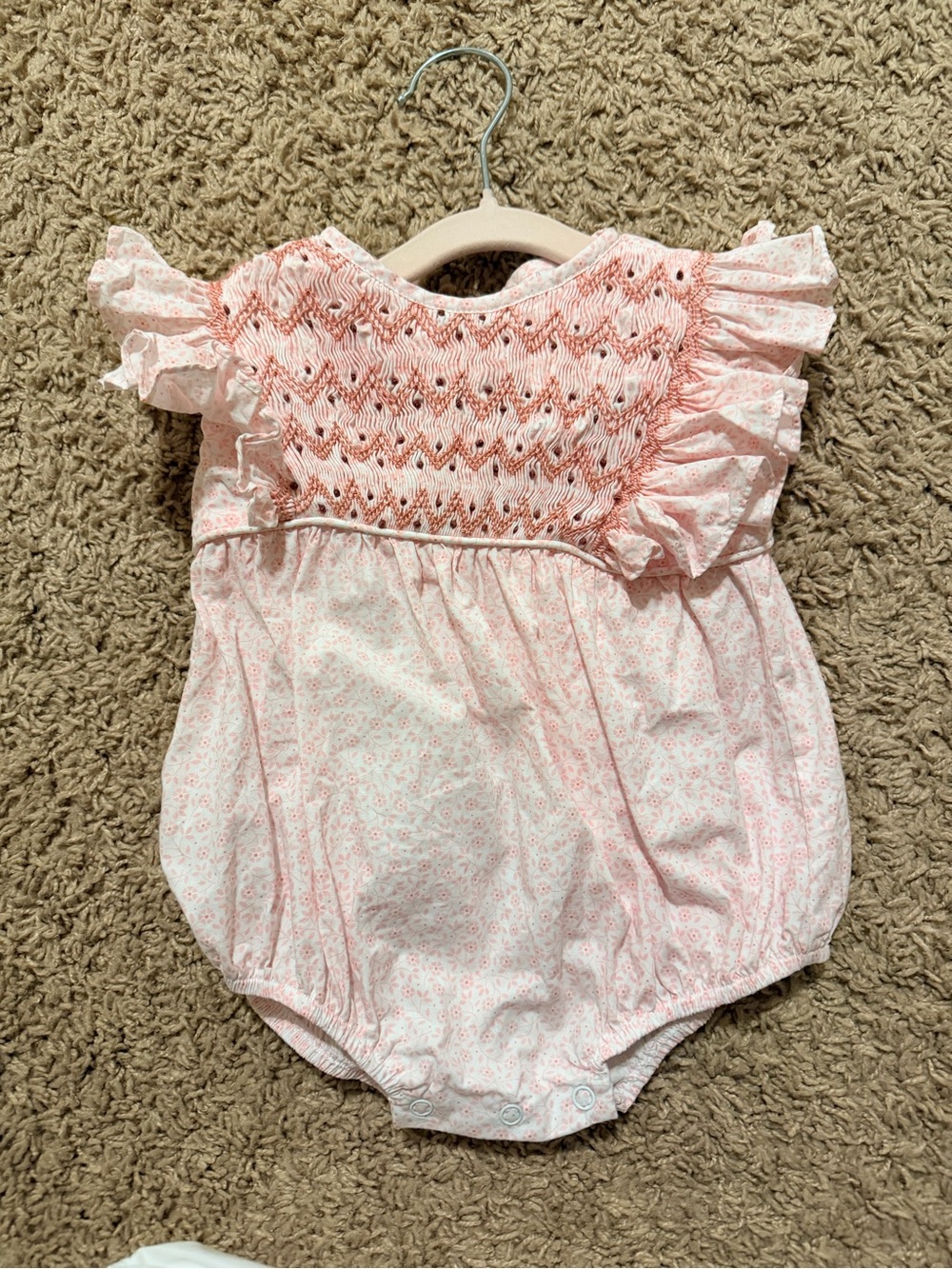 Stitchy Fish Pink Smocked Flutter-Sleeve Baby One-Piece